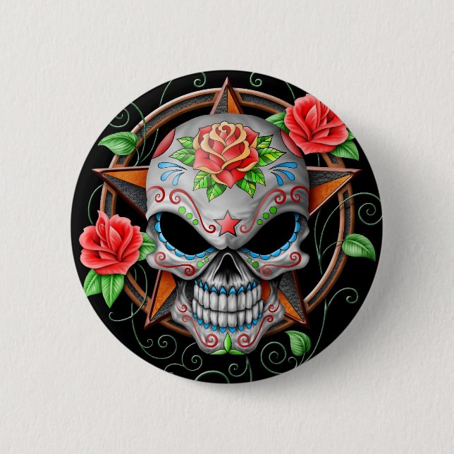 Sugar Skull Star, black 6 Cm Round Badge (Front)