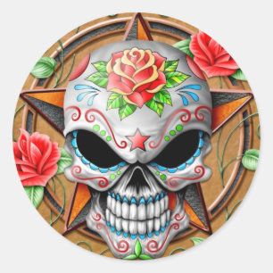 Sugar Skull Star, brown Classic Round Sticker