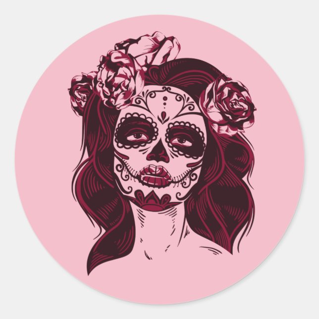Sugar Skull Sticker Girl Pink -Day of The Dead (Front)