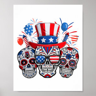 Sugar Skull Sungles Firework American Flag 4th Of Poster