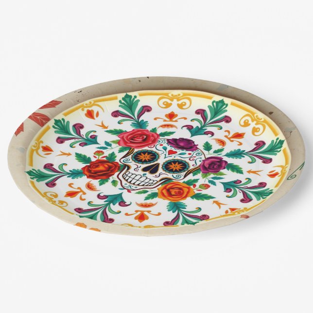 💀🎉Sugar Skull Supperware Día de los Muertos Paper Plate (Angled)