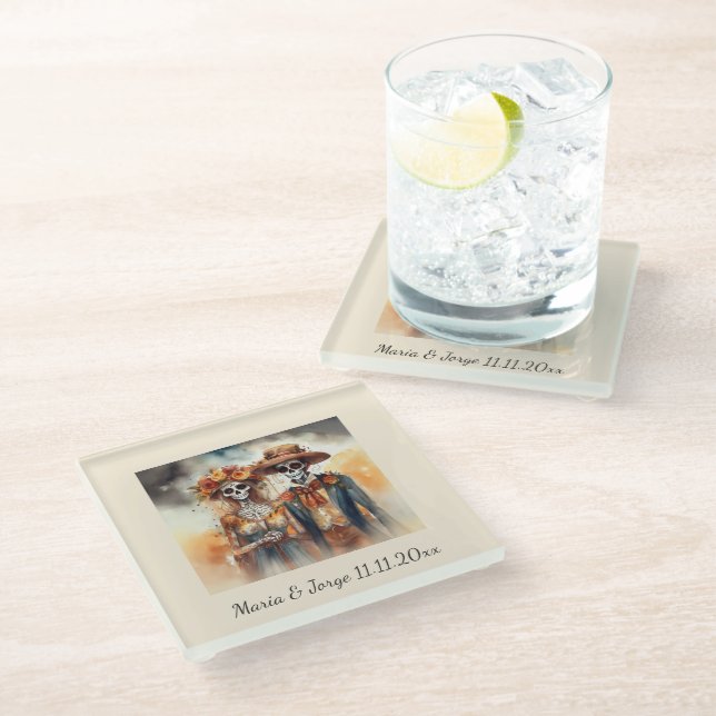 Sugar Skull Sweethearts, custom Glass Coaster (Angled)