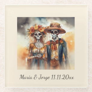 Sugar Skull Sweethearts Dia de los Muertos Glass Coaster