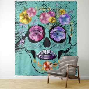 Sugar Skull Teal Female Flower Skull Tapestry