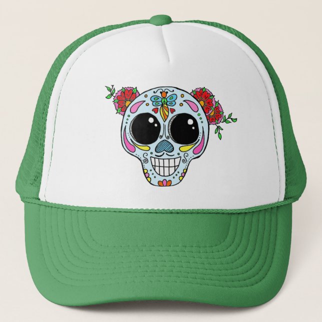 Sugar Skull trucker hat with flowers (Front)