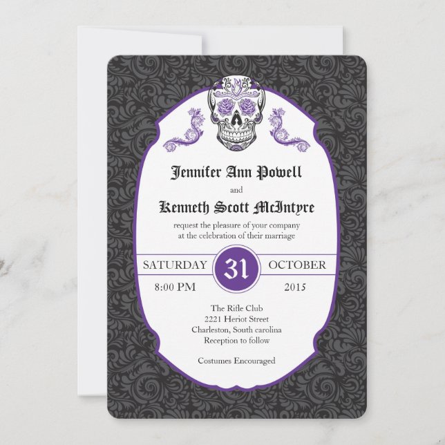 Sugar Skull Violet Damask Wedding Invitations (Front)