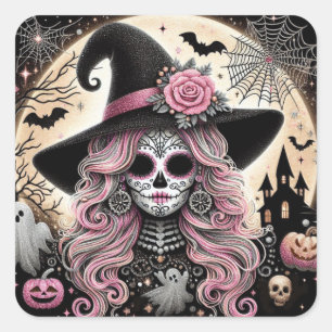 Sugar Skull Witch and Spooky Halloween Scene Square Sticker