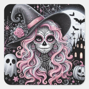 Sugar Skull Witch and Spooky Halloween Scene Square Sticker