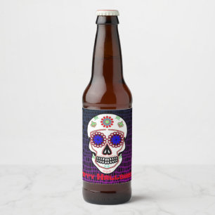 Sugar Skull With Blue Eyes and Green Fleur de Lis Beer Bottle Label