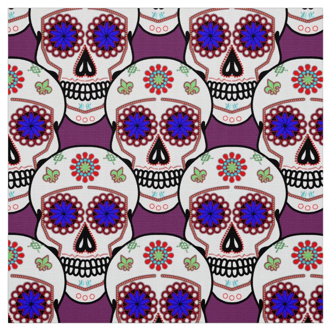 Sugar Skull With Blue Eyes and Green Fleur de Lis Fabric (Swatch)