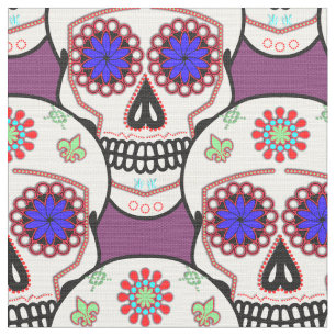 Sugar Skull With Blue Eyes and Green Fleur de Lis Fabric
