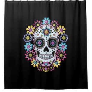 Sugar Skull with Colorful Flowers Shower Curtain