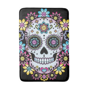 Sugar Skull with Colourful Flowers Bath Mat