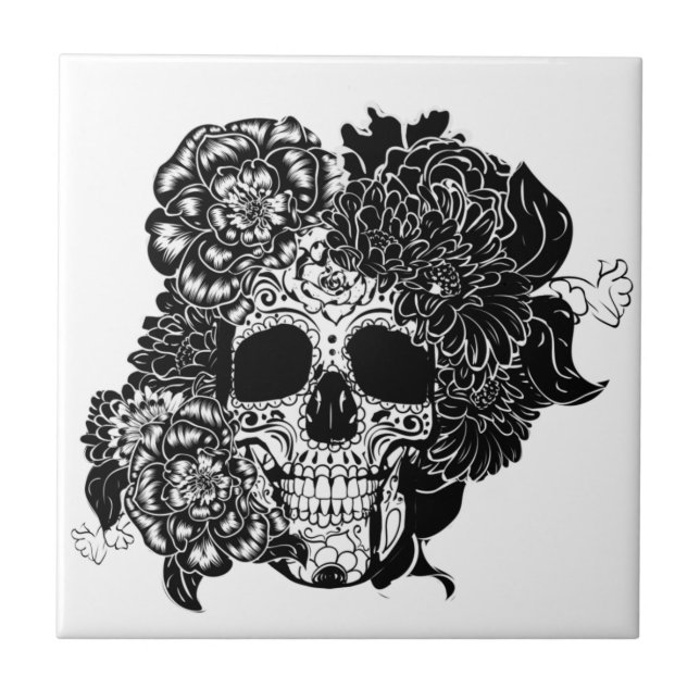 Sugar skull with flowers in black and white ceramic tile (Front)