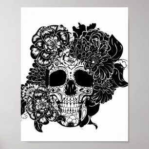 Sugar skull with flowers in black and white poster