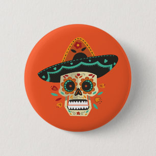 Sugar Skull with Hat Dia de Muertos Button