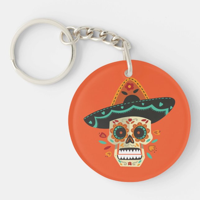 Sugar Skull with Hat Dia de Muertos | Keychain (Front)