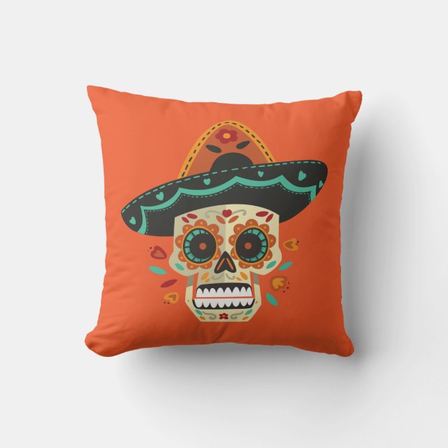 Sugar Skull with Hat Dia de Muertos | Throw Pillow (Front)