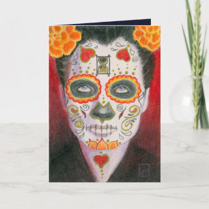 Sugar Skull with Marigolds and Hour Glass Holiday Card