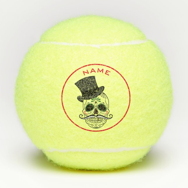 SUGAR SKULL WITH NAME AND TOP HAT TENNIS BALLS (Front)