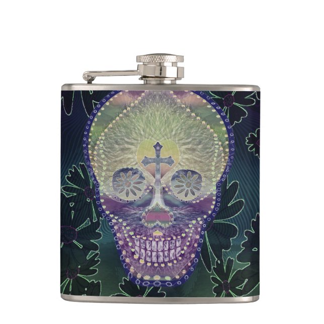 Sugar skull with rainbow colours, hearts hip flask (Front)