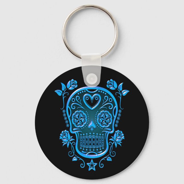 Sugar Skull with Roses, blue Key Ring (Front)