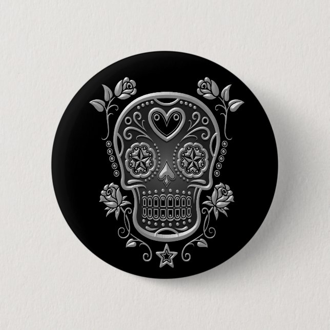 Sugar Skull with Roses, dark 6 Cm Round Badge (Front)