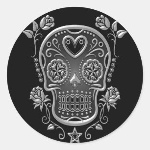 Sugar Skull with Roses, dark Classic Round Sticker