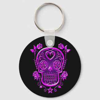Sugar Skull with Roses, purple Key Ring