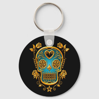 Sugar Skull with Roses, yellow and blue Key Ring