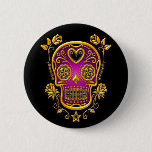 Sugar Skull with Roses, yellow and purple 6 Cm Round Badge
