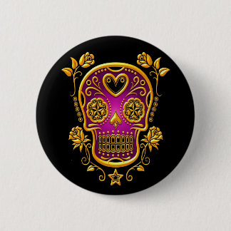 Sugar Skull with Roses, yellow and purple 6 Cm Round Badge