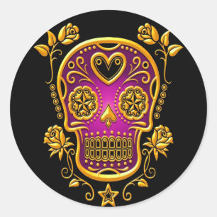 Sugar Skull with Roses, yellow and purple Classic Round Sticker