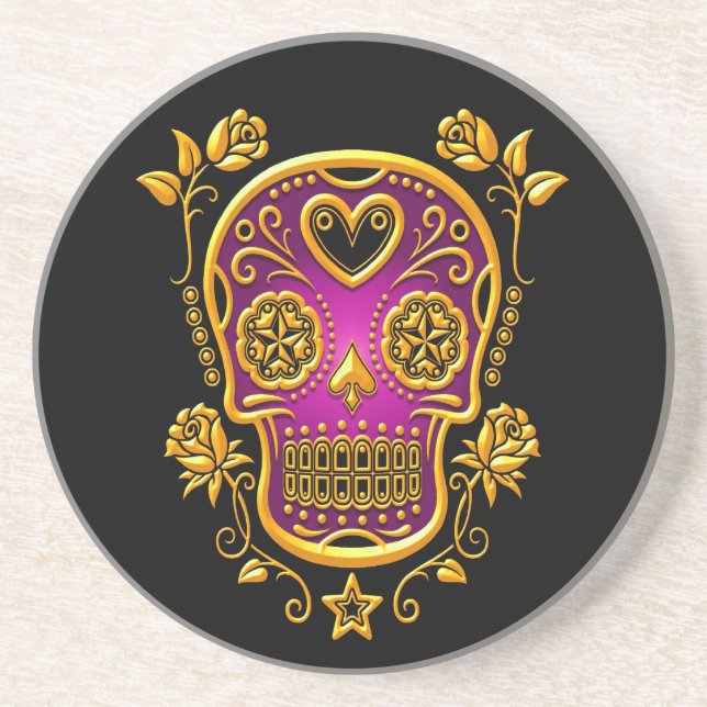 Sugar Skull with Roses, yellow and purple Coaster (Front)