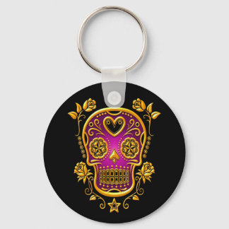 Sugar Skull with Roses, yellow and purple Key Ring