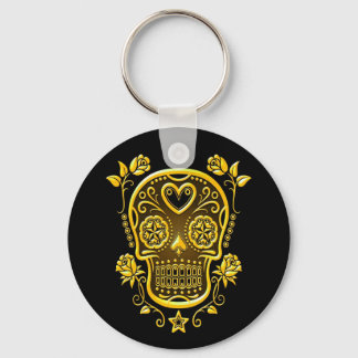 Sugar Skull with Roses, yellow Key Ring