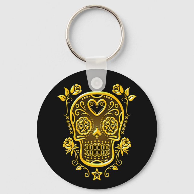 Sugar Skull with Roses, yellow Key Ring (Front)