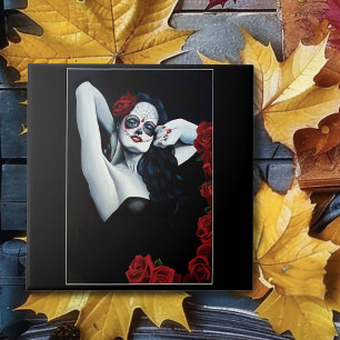 Sugar Skull Woman Gothic Black Red Roses Portrait Ceramic Tile