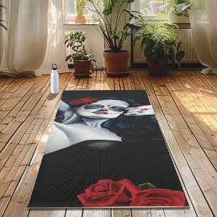 Sugar Skull Woman Gothic Black Red Roses Portrait Yoga Mat