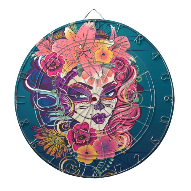 Sugar skull woman in flower crown portrait dartboard (Front)