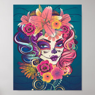 Sugar skull woman in flower crown portrait poster