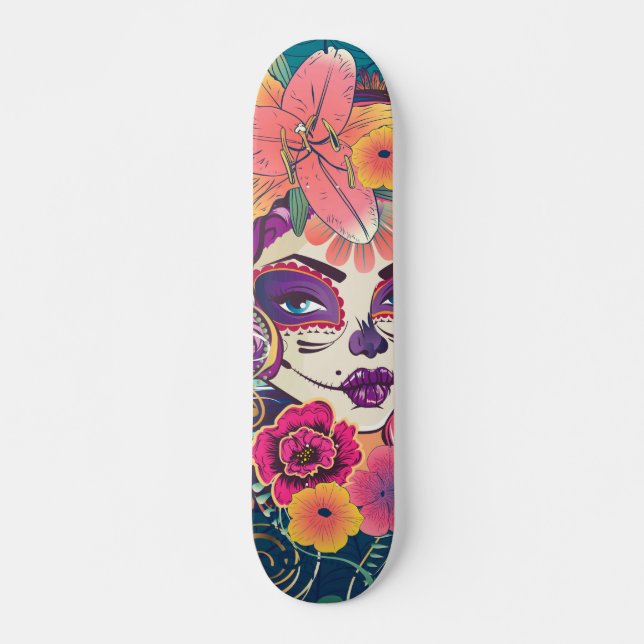 Sugar skull woman in flower crown portrait skateboard (Front)