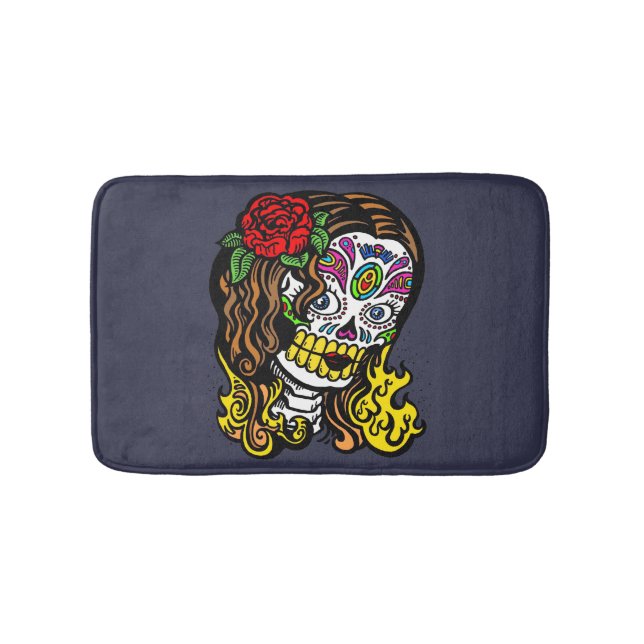 Sugar Skull Woman Rose in Hair Bath Mat (Front)