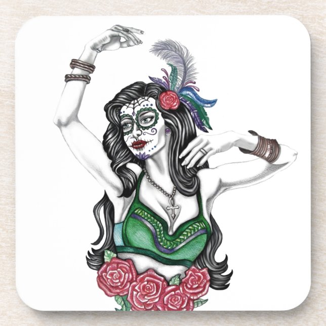 Sugar Skull Woman with Roses Coaster (Front)
