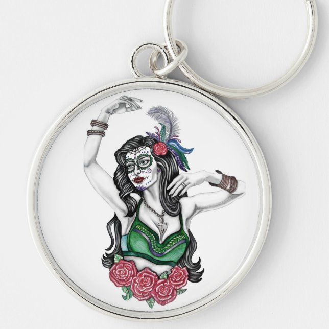 Sugar Skull Woman with Roses Key Ring (Front)