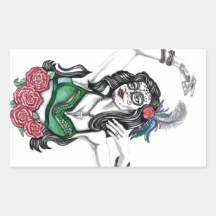 Sugar Skull Woman with Roses Rectangular Sticker