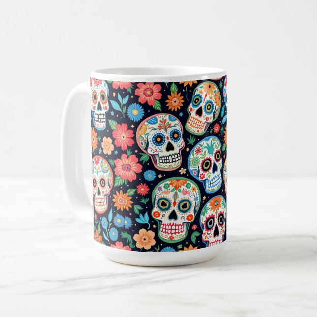 Sugar Skulls and Flowers Coffee Mug (Front Left)