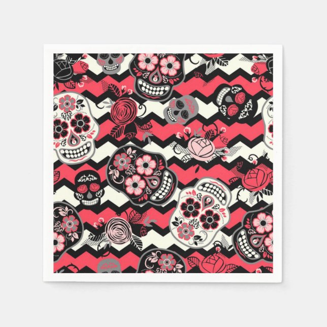 Sugar Skulls And Flowers Pattern Napkin (Front)