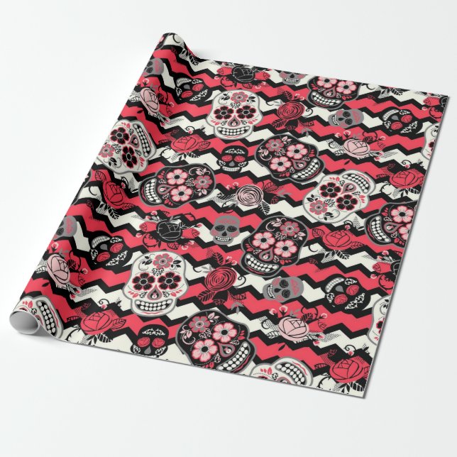 Sugar Skulls And Flowers Pattern Wrapping Paper (Unrolled)