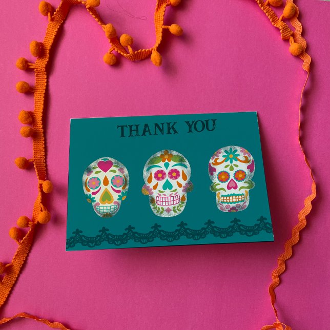 Sugar Skulls and Lace on Teal Customisable Thank You Card (Creator Uploaded)